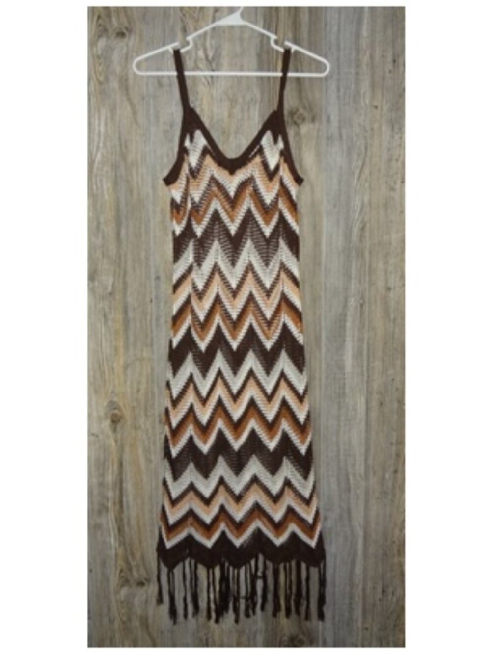 Almost Famous Brown Peach White Crochet Chevron Fringe Dress Size Medium Boho